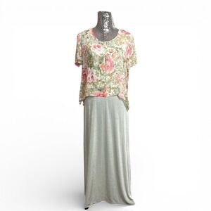 Vintage 90s Cottagecore Sage Maxi Dress Sheer Floral Blouse Set Medium Party